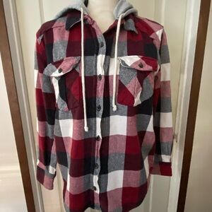 Forever21 Red and Black Plaid Hooded Shirt Sz Small